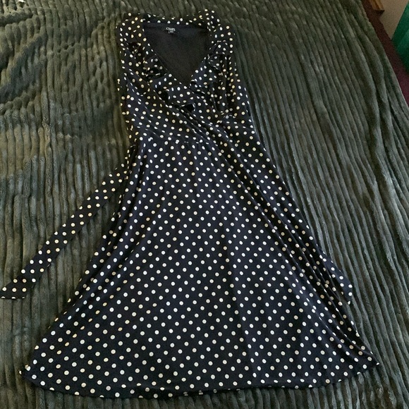 Chaps by Ralph Lauren Faux Wrap Polka Dot Dress in Navy. Size Medium. - Picture 1 of 4